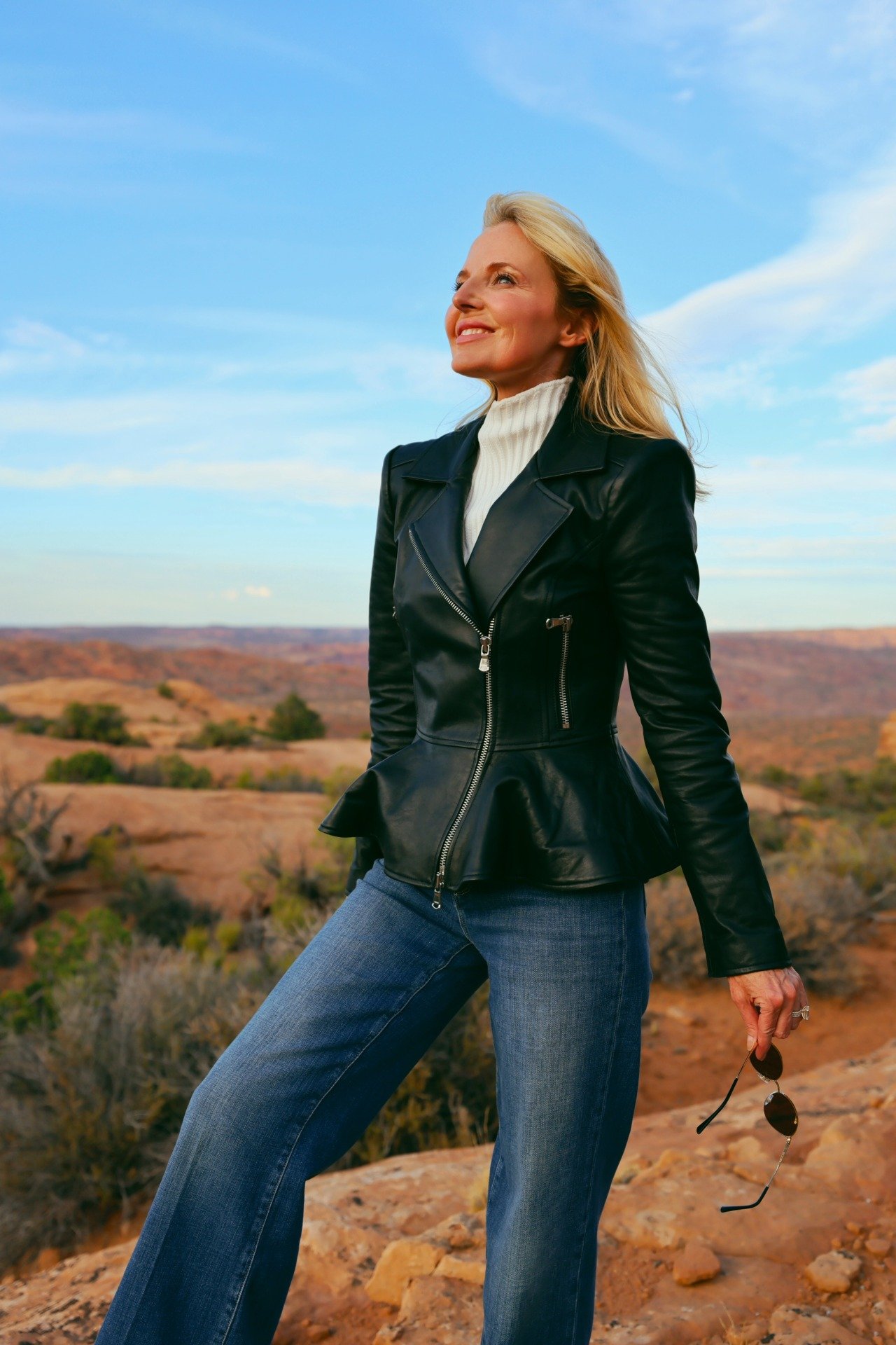 Lagence peplum black leather jacket with wide leg jeans 6.jpg