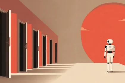 Nuneybits Vector art of robot facing infinite doors dad9aaaf e4d9 471d b15e 94038ee67004.webp.webp