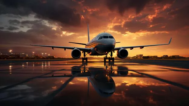 Large passenger plane on the runway at sunset vacation travel and flights concept photo.webp.webp