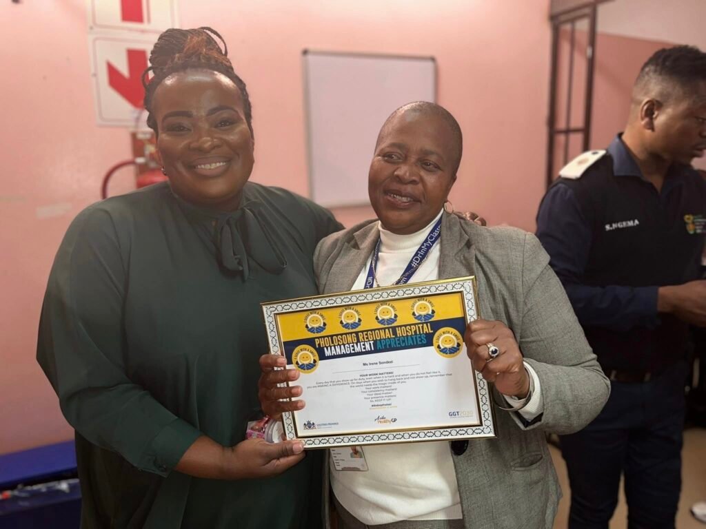Irene Awarded a Certificate of Appreciation from the Acting Hospital CEO Dr Madidimalo Tsumele 1024x.jpeg