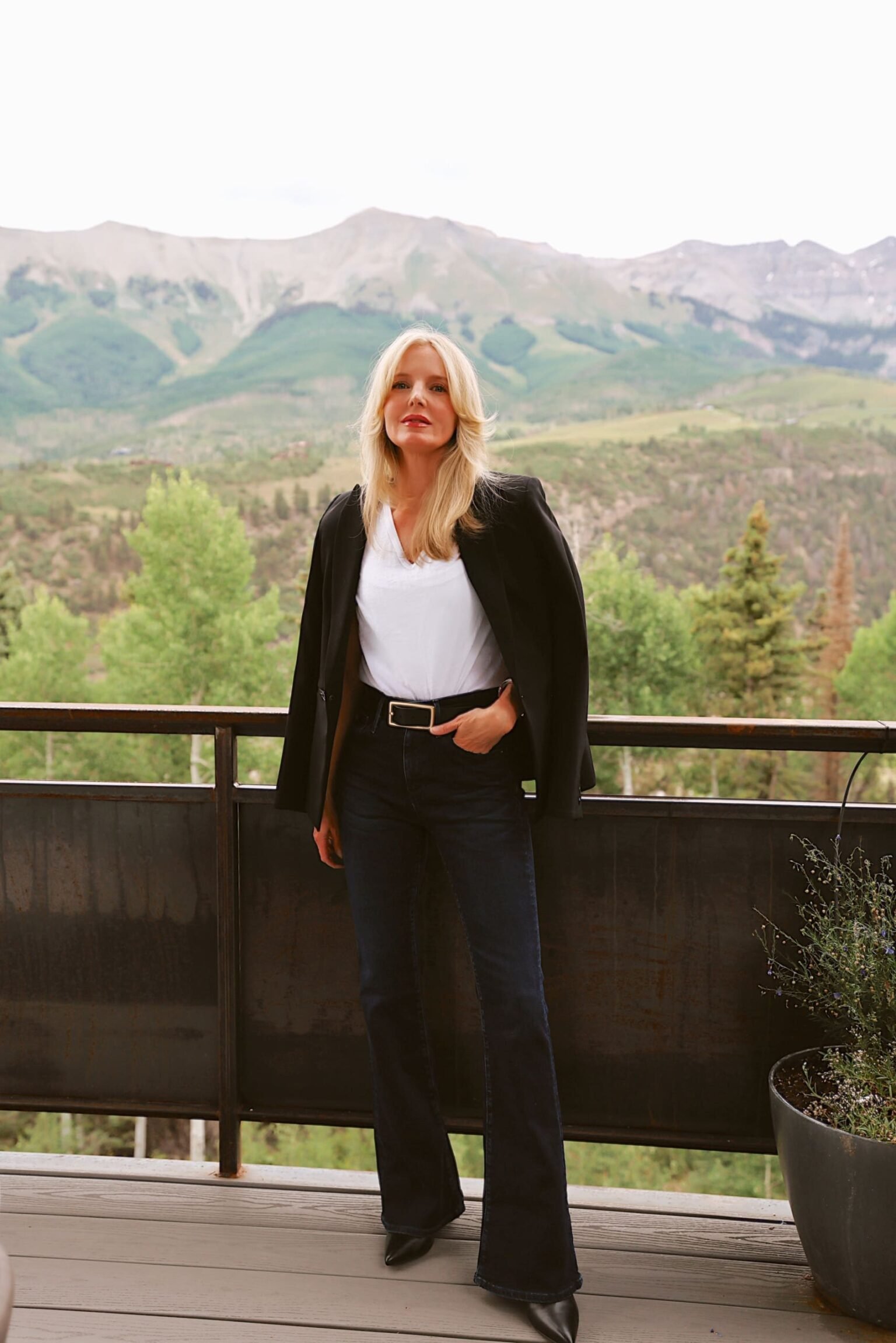 AG Farrah bootcut jeans paired with black booties by Schutz and Veronica Beard black blazer 4 scaled.jpeg